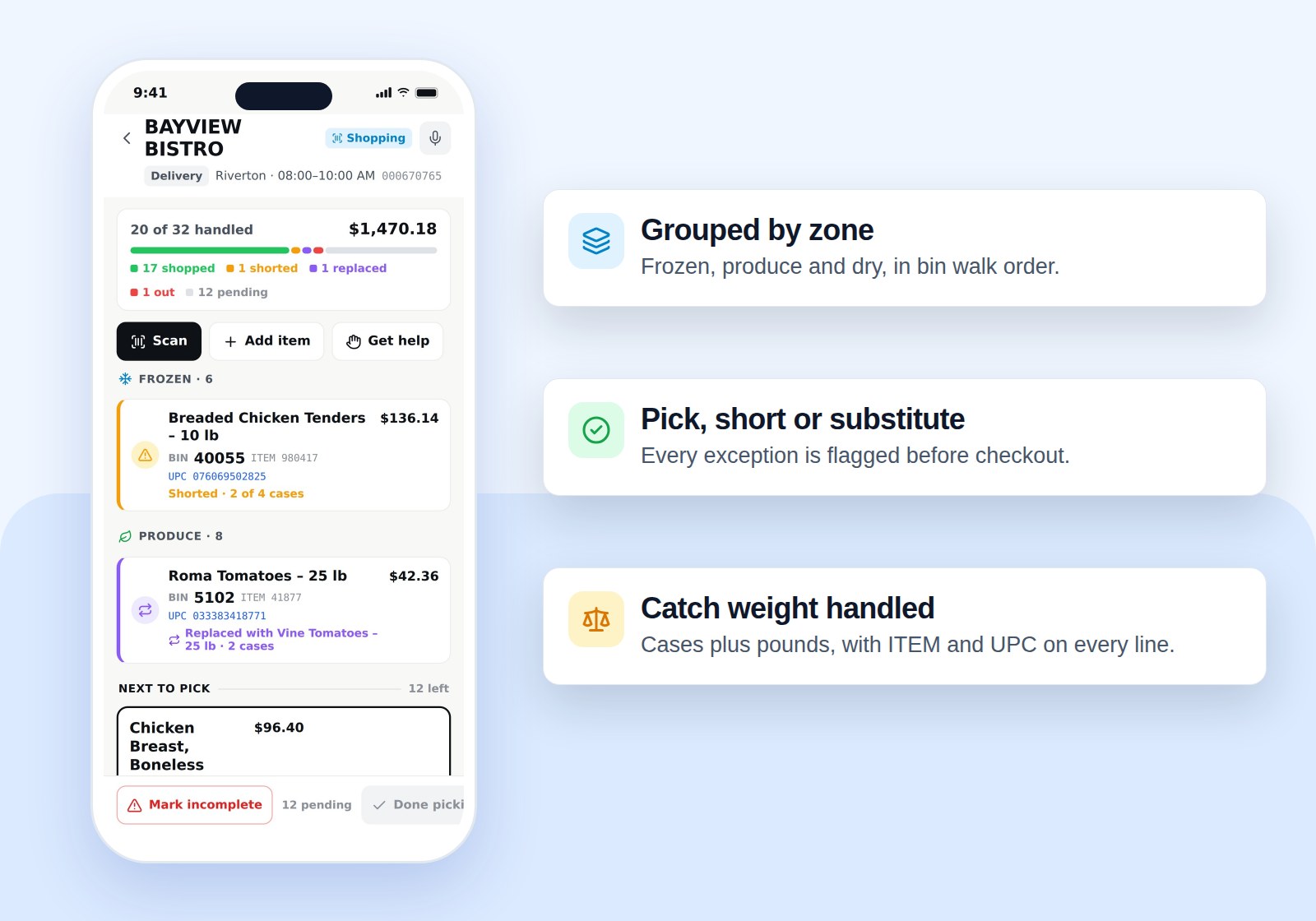 Picking on the Drofilla app: items grouped by zone, with shorted and replaced items marked