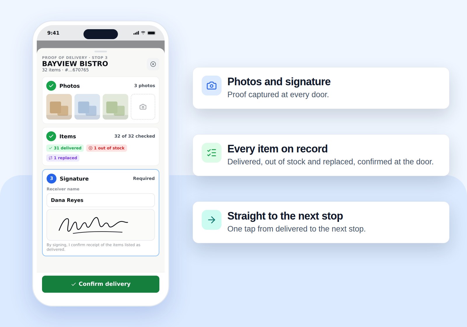 Proof of delivery on the Drofilla app: photos, items checked and signature