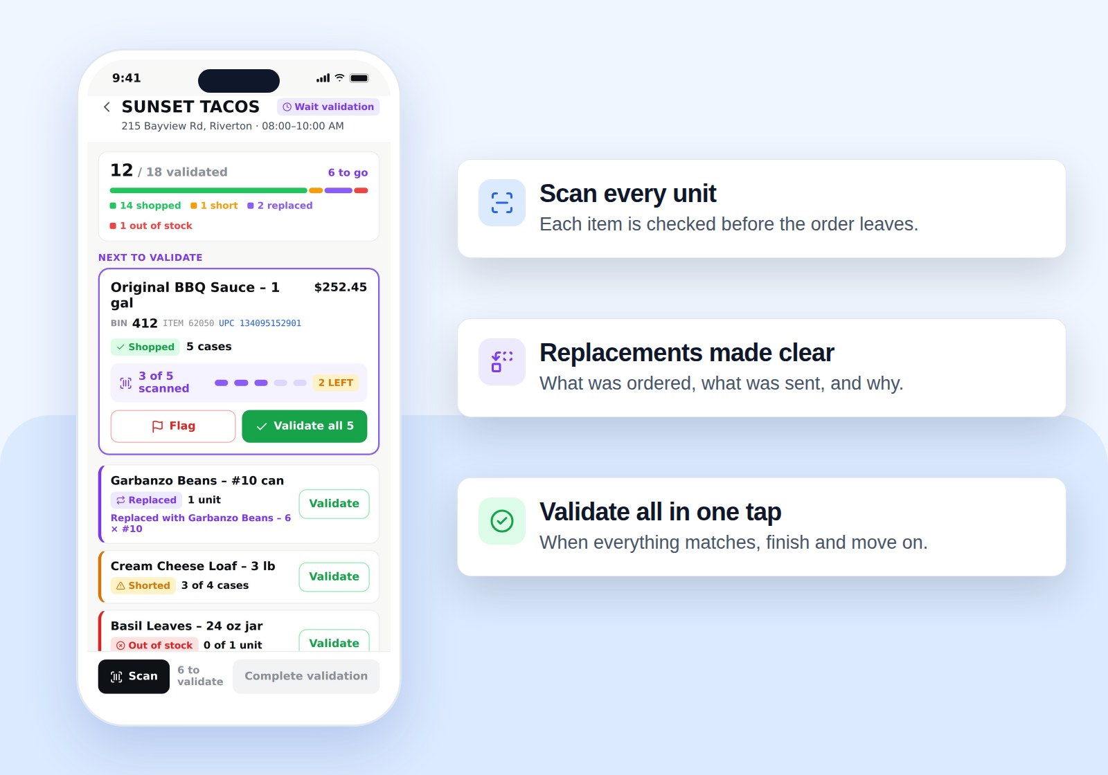 Order validation on the Drofilla app, with replaced and shorted items called out